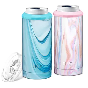 Vacuum Insulated Skinny Can Cooler for Slim Beer & Hard Seltzer, THILY Stainless Steel Drink Holder for 12 oz Slim Cans | Triple Insulated Travel Mug with Lid, 2 Pack(Pink Ripple + Blue Swirl)