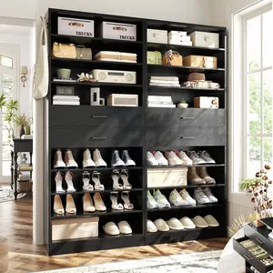 Unikito Tall Wood Shoe Cabinet - 8 Adjustable Shelves, 2 Drawers, Hooks, 24-28 Pair Capacity, Space-Saving Home Organizer for Entryway, Hallway, Charging Station Storage Rack