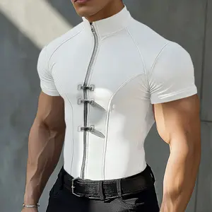 INCERUN Men's Casual Short-Sleeve T-Shirt - Solid Color Polyester Fabric, Metal Button Zipper Detail, Menswear Short-Sleeve Top, Shortsleeve, Tshirt