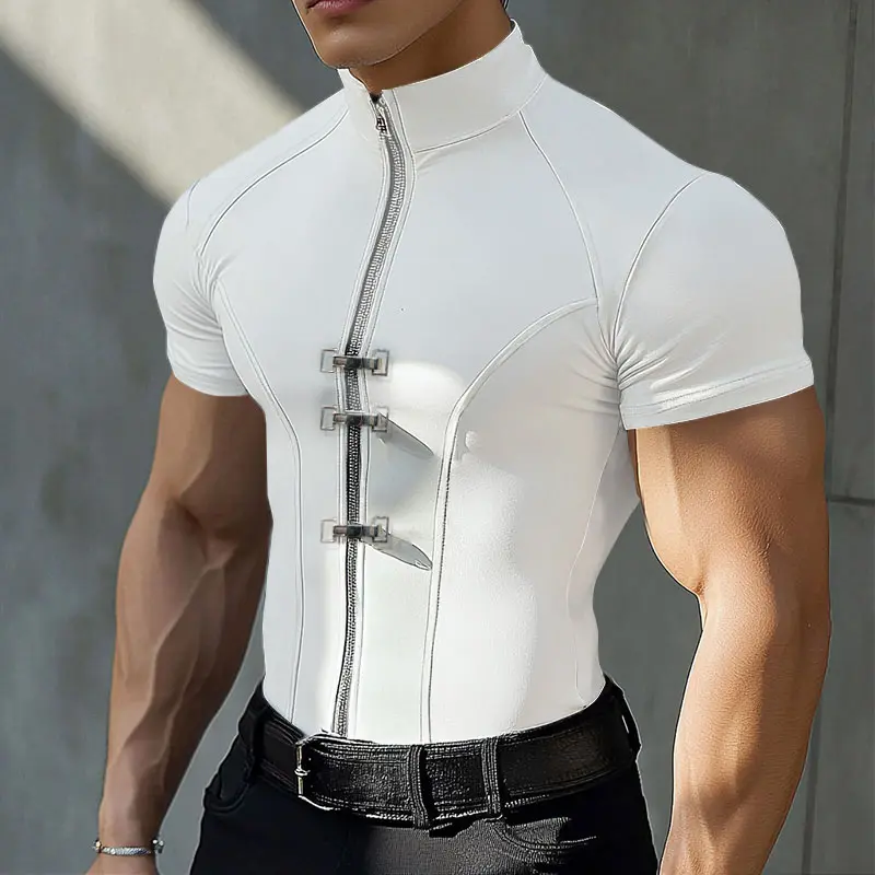 INCERUN Men's Casual T-Shirts - Solid Color Polyester Fabric, Metal Button Zipper Detail, Menswear Short-Sleeve Top