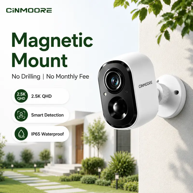 CINMOORE 2.5K Wireless Home Security Camera - Magnetic WiFi Camera with Color Night Vision, 2-Way Audio, Human Motion Sensor, Local Storage, Waterproof, Easy Installation, Remote App Control, Photo & Video Features, Portable Smart Home Gadget for Garage