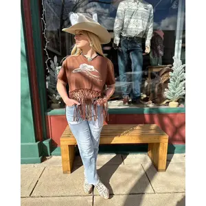 Miss Me Women's Brown Cowgirl Hat Fringe Tee Shirt MJT0235S