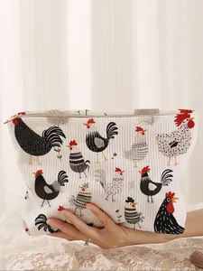 Chicken Print Corduroy Makeup Bag, Cartoon Style, Cute Lightweight Multi-Functional Fashion Casual Cosmetic Bag, Travel Organizer, Cosmetic Pouch