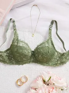 Women's Army Green Lace Push Up Bra with Adjustable Straps Elegant Scallop Details Fantasy Style Lingerie for Daily Wear - Fabric, Womenswear