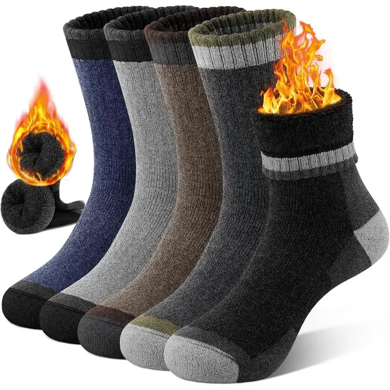 Women's Merino Wool Insulated Mid-Calf Crew Socks - 5-Pair Thick Cushioned Thermal Warm Winter Moisture-Wicking Hiking Socks for Men, Insulated Mid-Calf Socks