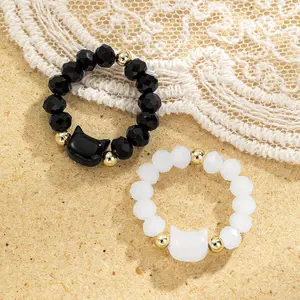 2Pcs Cute Cat Beaded Finger Ring Set, Adjustable Crystal Stretch Rings for Women Girls, Kawaii Cat Jewelry Gift