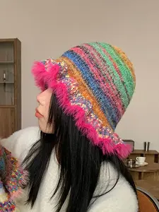 Women's Vintage Rainbow Stripe Oil Painting Style Knitted Hat with Ruffle Edge, Fashion Cool Bucket Hat, Autumn and Winter Fashion Hat