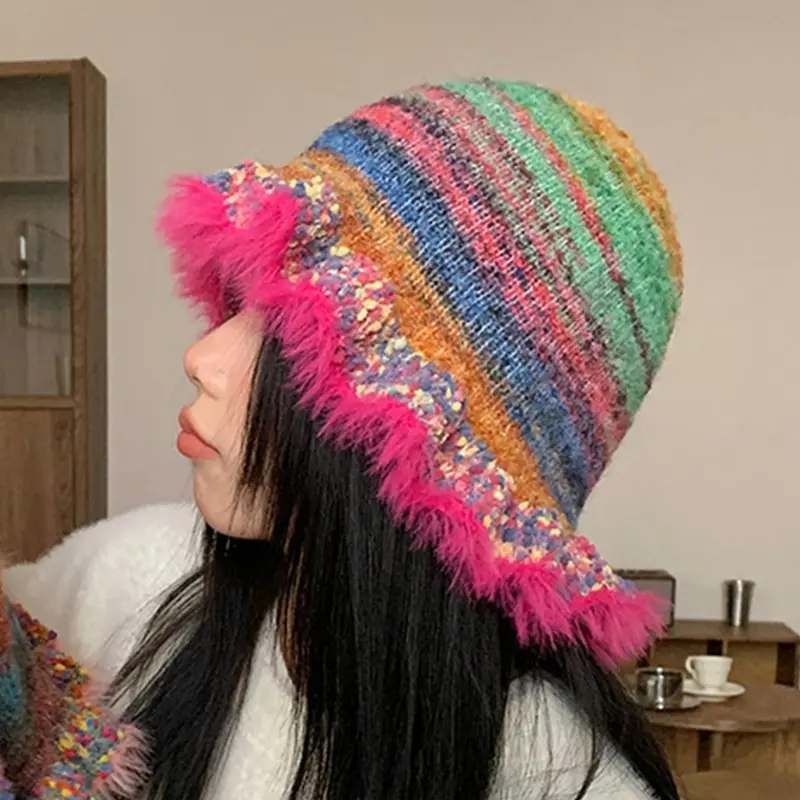 Women's Vintage Rainbow Stripe Oil Painting Style Knitted Hat with Ruffle Edge, Fashion Cool Bucket Hat, Autumn and Winter Fashion Hat, Handcrafted Caps, Casual Hat, Knit Hats, Fashionable Hats