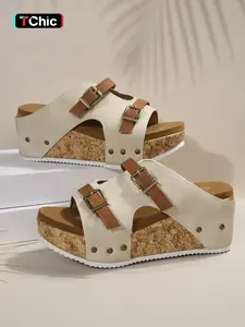 Women's Cork Wedge Sandals - Comfortable Double Buckle Slide Sandals, Summer Platform Open Toe Slippers for Casual Walking & Beach