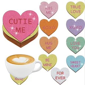 10-piece diamond painting set with heart-themed patterns, DIY diamond art painting coasters without cup holders, wooden coasters, suitable for Valentine's Day gifts in living rooms, offices, bars, restaurants, Diamond Painting Kits