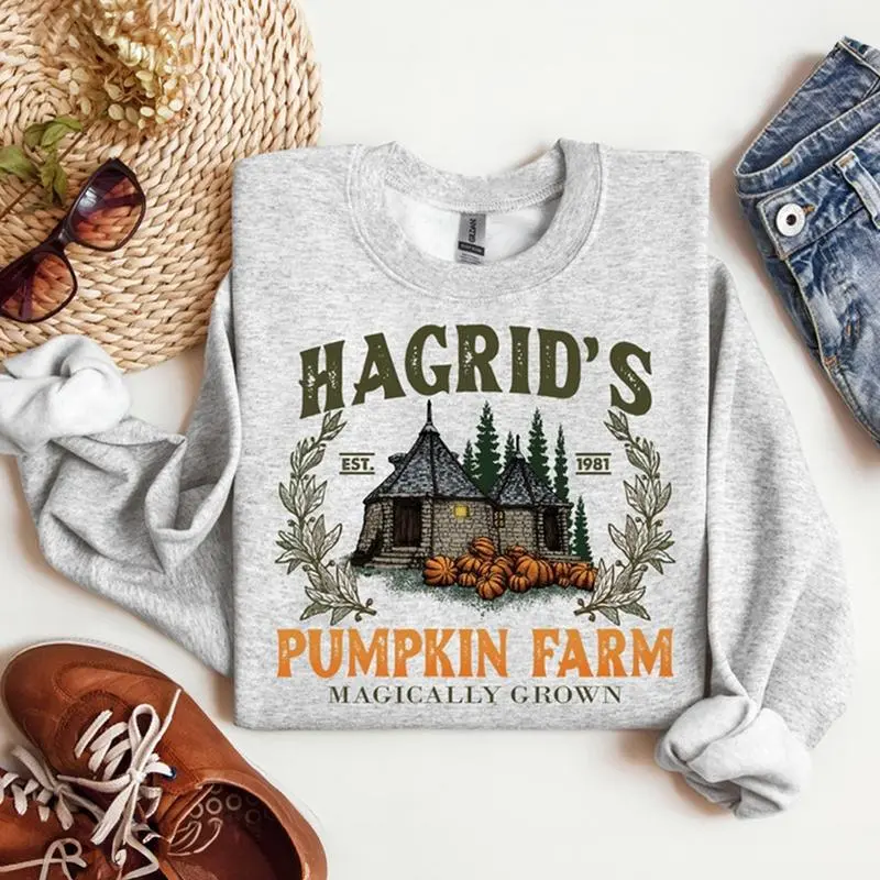 NataBe Unisex Cotton Ribbed Loose-Fit Crewneck Sweatshirt - Hagrid’s Pumpkin Patch Wizard-Themed Top for Harry Potter Fans, Round Neck, 4XL-5XL, Machine Wash, Cozy, Personalized, Grey, Casual Fall Gift, Halloween, Christmas