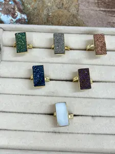 “The Boho Collection” Handmade Natural Druzy Adjustable Baguette Ring- 6 Colors