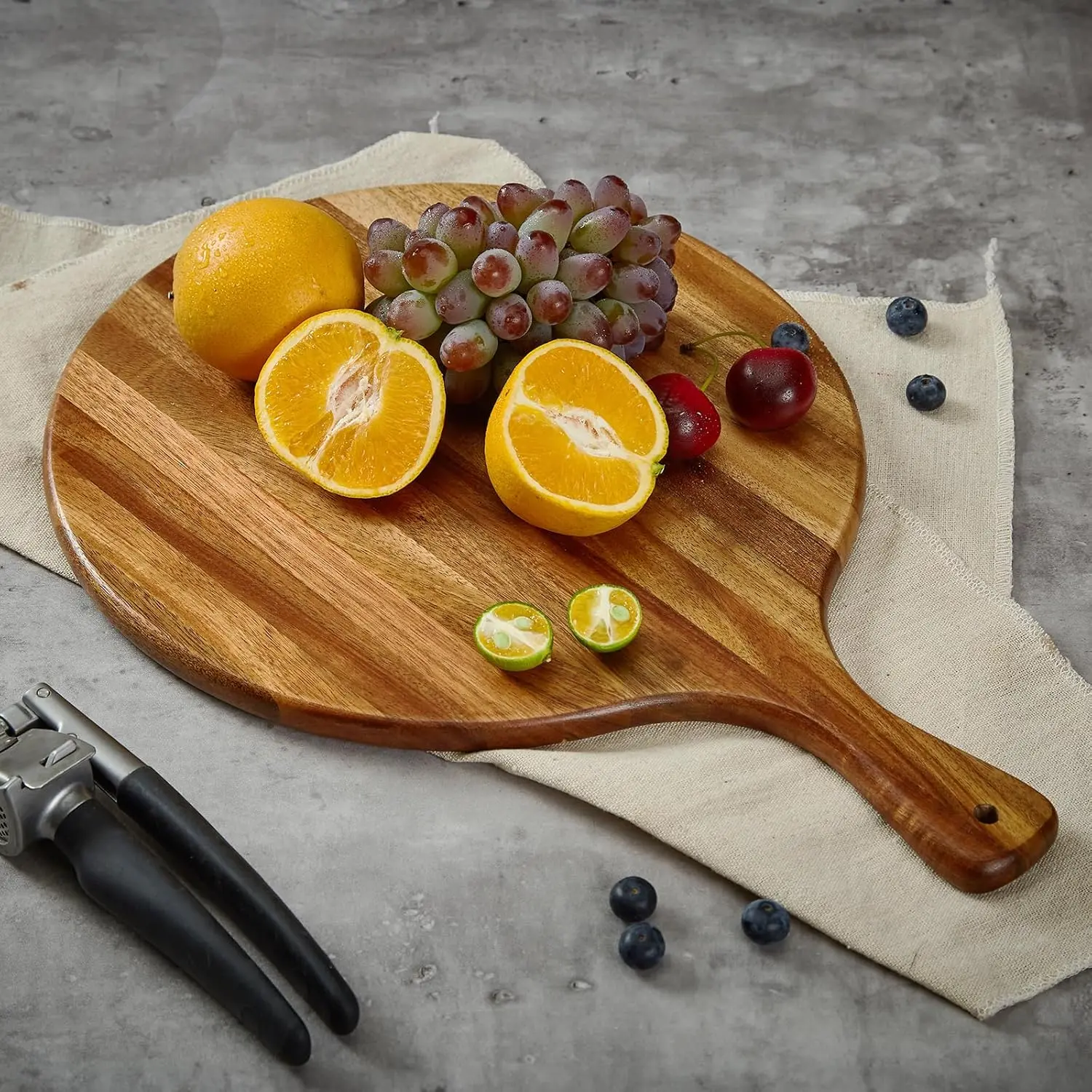 16"x12" Acacia Wood Round Cutting Board with Handle