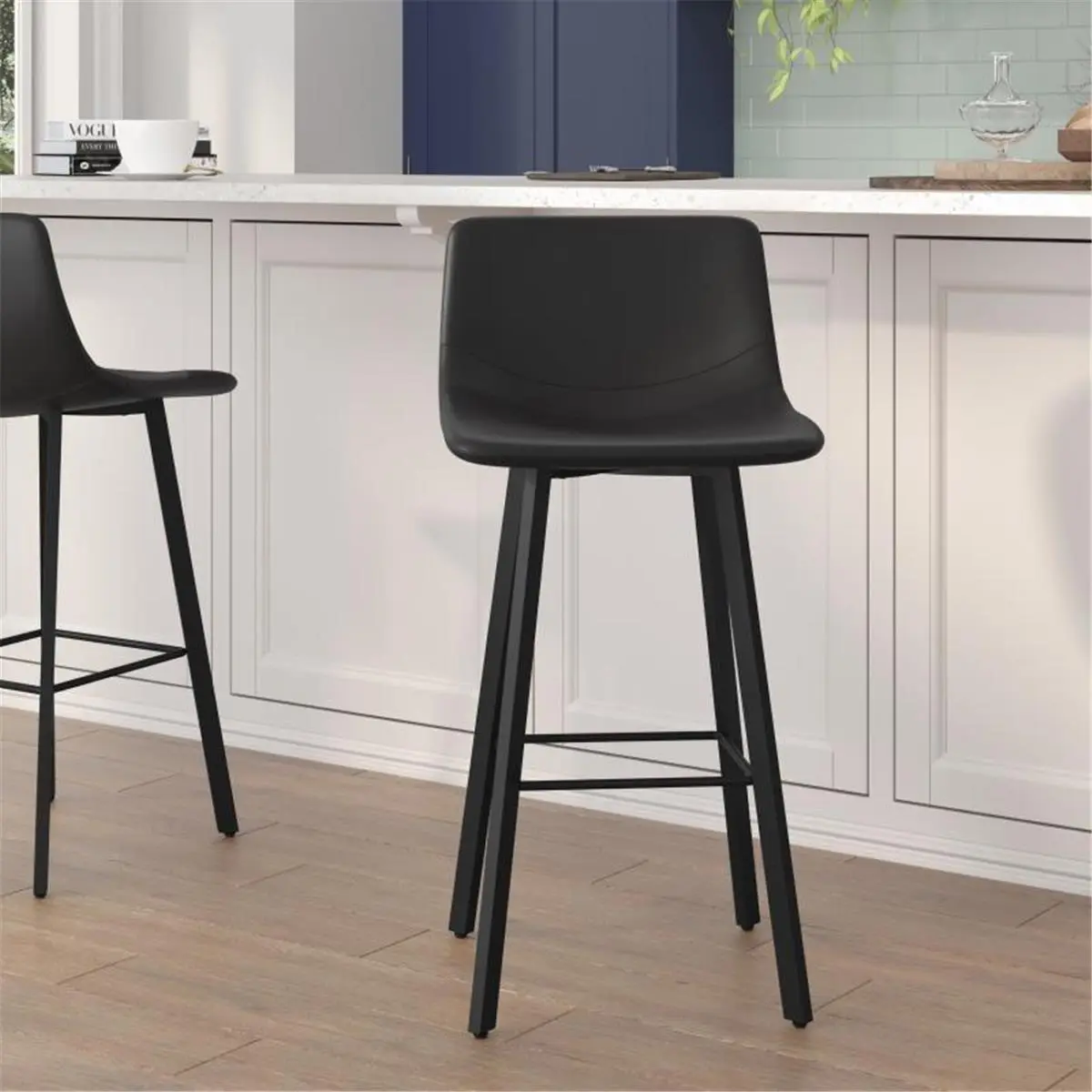 Flash Furniture CH-212069-30-BK-GG 30 in. Caleb Modern Armless Accent Pub Barstools (Set of 2) - Commercial Grade, PU Leather, Contoured, Black Matte Iron Frames, Integrated Footrests, Fixed Height, 10.25 in. Back Height from Seat, Assembly Required, Bars