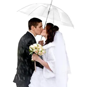 10 Pack Clear Wedding Umbrellas Auto Open Windproof Transparent Large Clear Bubble Stick Umbrella Bulk with J Hook Handle for Outdoor Bride Groom Ceremony Adults Rain