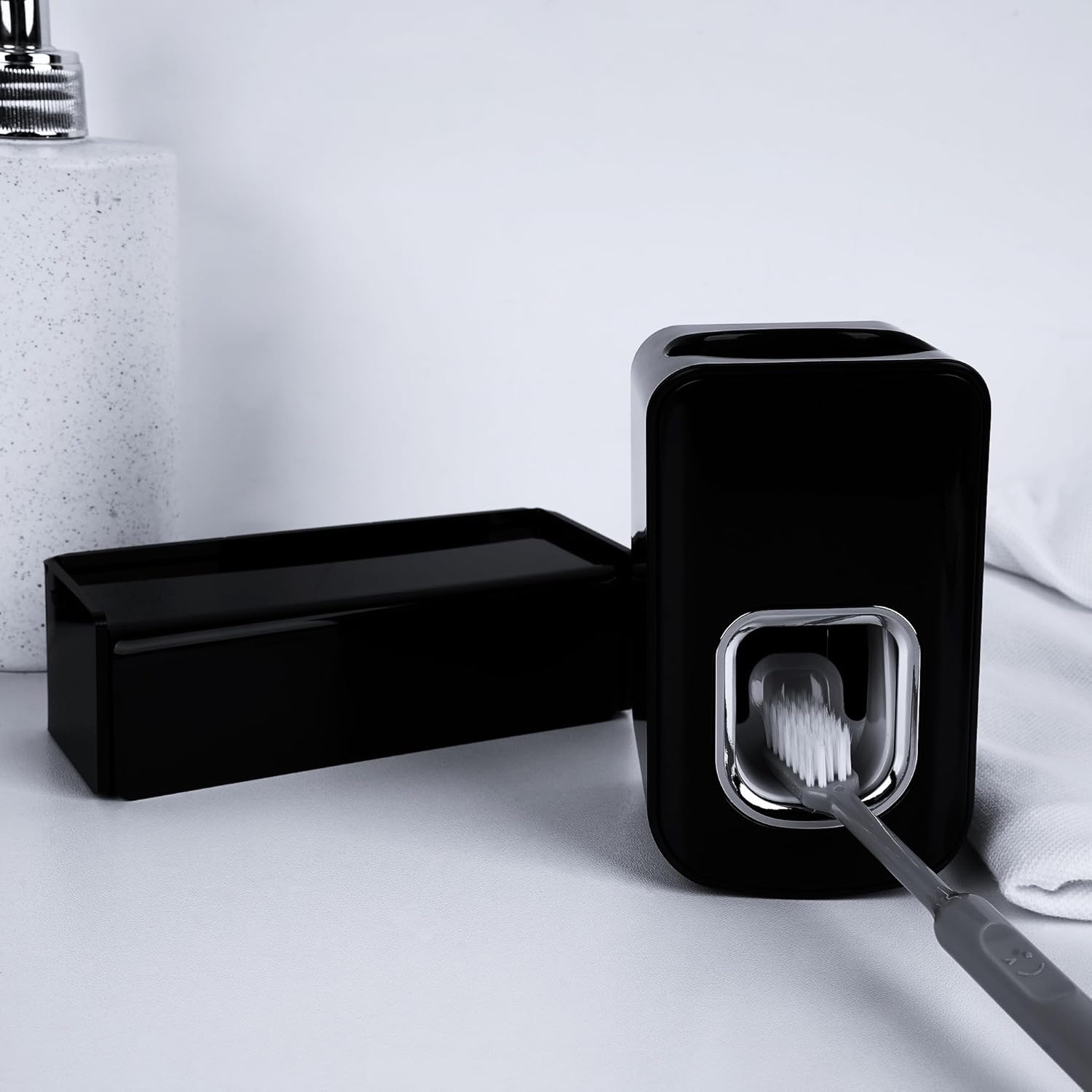 5 Slots Wall Mount Toothbrush Holder with Cover Self Adhesive Storage Organizer for Shower Automatic Toothpaste Squeezer Dispenser Black Bathroom Essentials 5 Slots Wall Mount Toothbrush Holder with Cover Self Adhesive Storage Organizer for Shower Automatic Toothpaste Squeezer Dispenser Black Bathroom Essentials