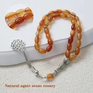 Handmade Light Red Agate 33 Muslim Prayer Rosary, Middle Eastern Bohemian Style, Pendant Design, Suitable for Islamic Prayer and Eid al-Fitr, Ramadan.