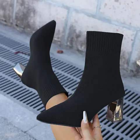 Women's Thick-Heel Pointed-Toe Sock Boots, High Heel Stretch Knit Boots, Leg-Lengthening Trendy Versatile Fashion Shoes, Fashionable Boots, Suitable for Daily Wear and Various Evening Parties and Banquets, Elegant Women's High Heels, a Great Gift Choice