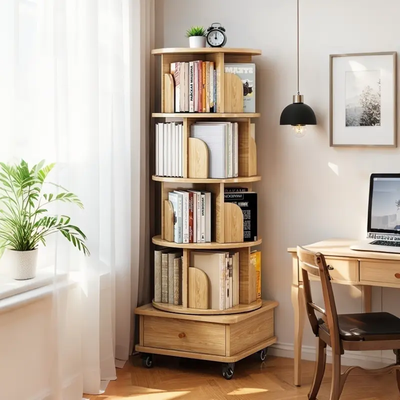 5 Tier Rotating Bookshelf 360° Display Round Spinning Bookshelf with Wheels Space-Saving Small Space Rotating Bookshelf Tower for Bedroom Living Room Home Office Wood Color