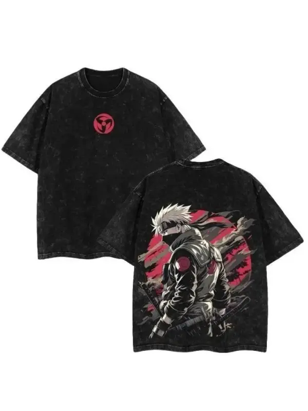 Naruto ANBU Kakashi Double-Sided Print Vintage-Washed T-Shirt – Unisex Heavyweight Cotton Oversized Short-Sleeve Tee; Anime Fan Collectible/Gift – American-Style Distressed High-Street Casual Streetwear Menswear Top Man Tshirt