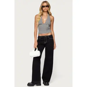 Contrast Stitch Low Rise Wide Leg Jeans