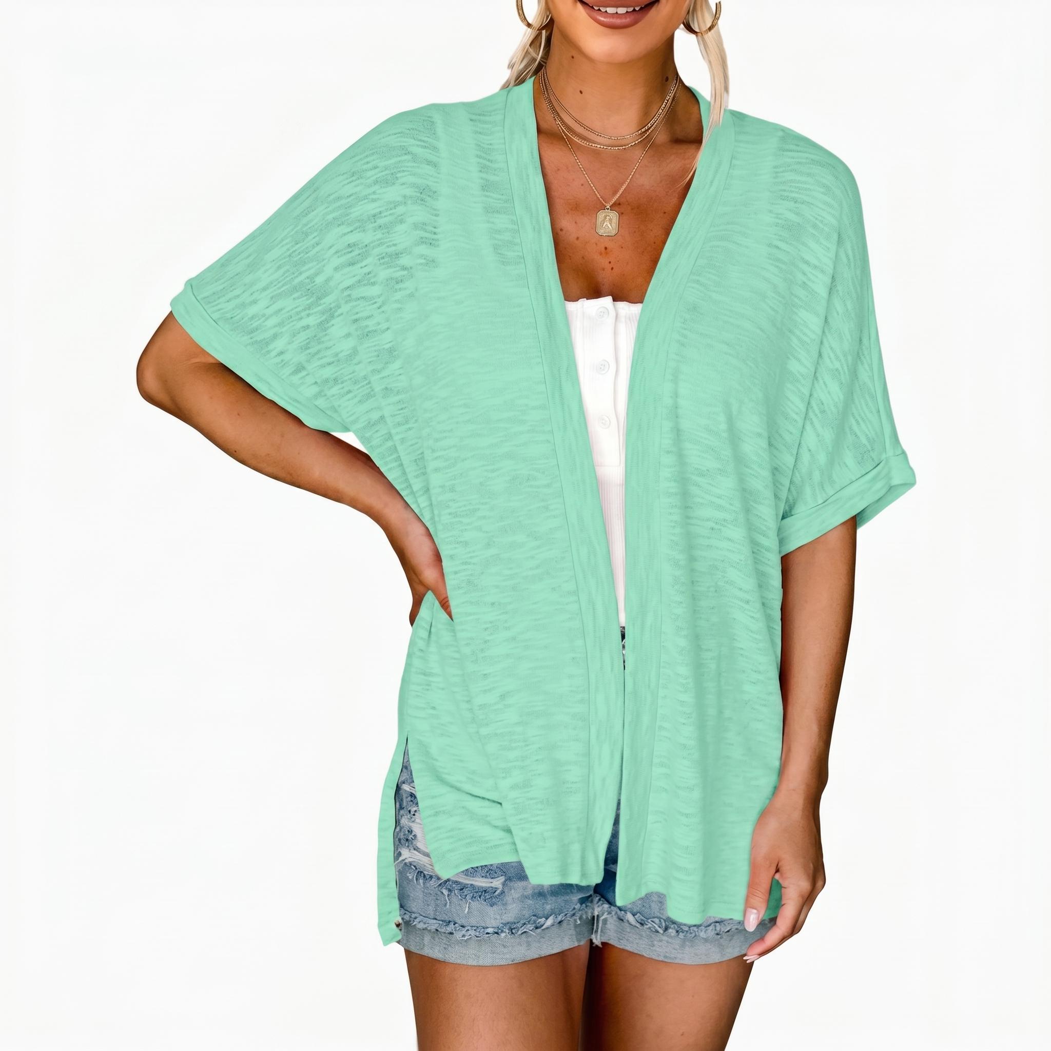 Women's Lightweight Short Sleeve Cardigan Open Front Oversized Summer Beach Cover Up Casual Loose Tops