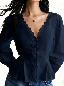 French Vintage Lace V-Neck Long Sleeve Shirt Blouse, Slimming Waist Design, Fashionable Comfortable Daily Wear, Multifunctional Stylish Top