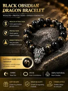 Men's Natural Crystal Bracelet, Obsidian Dragon Head, Wealth Attraction, Protection, Wedding Gift, Silver Color Setting, Natural Crystal Jewelry