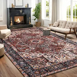6x9 Rug Washable Area Rugs: Large Soft Living Room Rug - Distressed Stain Resistant Floor Carpet - Machine Washable Foladable Low Pile Area Rugs 6'x9' Brick Red