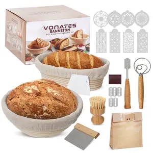 Bread Proofing Basket Set, 10 Inch Oval & 9 Inch Round Sourdough bread baking supplies ,Natural Rattan Banneton for Sourdough with Dough Whisk + Dough Scraper + Bread Lame + Cloth Liner