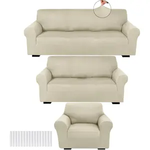 3 count Slipcover Set for Couch Furniture Covers for Sofa Loveseat Couch Arm Chair, Form Fit Stretch, Wrinkle Free, Furniture Protector(Beige,Milk Silk Spandex)