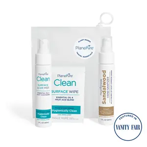 PlaneAire Travel Essentials | 1 Sandalwood Lotion Hand Sanitizer, 6 Surface Wipes, 1 Air & Surface Mist | Travel Hygiene Kit | Hygiene Essentials | Reusable Bag | TSA Approved | Travel Toiletry Kit | Travel Accessories