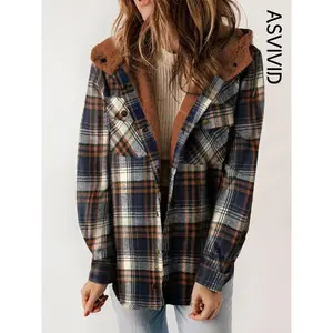 Women's Hooded Neck Plaid-Houndstooth Print Button-Front Long Sleeve Jacket Coats, Fitted Casual Fall-Winter Outerwear with Pockets and Warm Tops-Inspired Design, Longsleeves Cold-Weather Layer