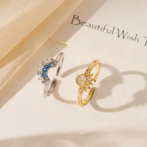 Celestial Sun & Moon Promise Rings Set for Women, Sparkling Stackable Friendship Love Ring Set, Fashion Accessories Suitable for Daily Wear or Party, Blue Moon & Golden Sun Ring, Perfect Gift for Mother's Day / Birthday