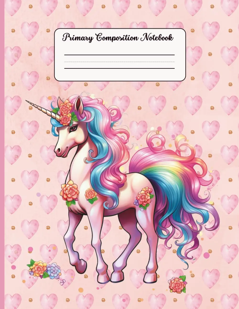 Primary Composition Notebook K-2 with Picture Space: Cute Pink Unicorn, Primary Story Journal, Dotted Midline, Drawing Space on Top, Handwriting Practice Paper for Girls, 8.5x11, Half Ruled