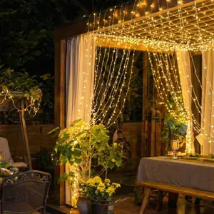 [USA Stock]-HXWEIYE 300LED Fairy Curtain Lights 9.8x9.8Ft Warm White USB Plug in 8 Modes with Remote Control for Bedroom Indoor Outdoor Weddings Party Bulbs Easy to Hang Extra Long Flexible