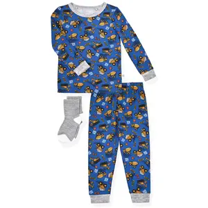 Boys 2-Piece Super Soft Jersey Snug-Fit Pajama Set with Socks - Construction Trucks.