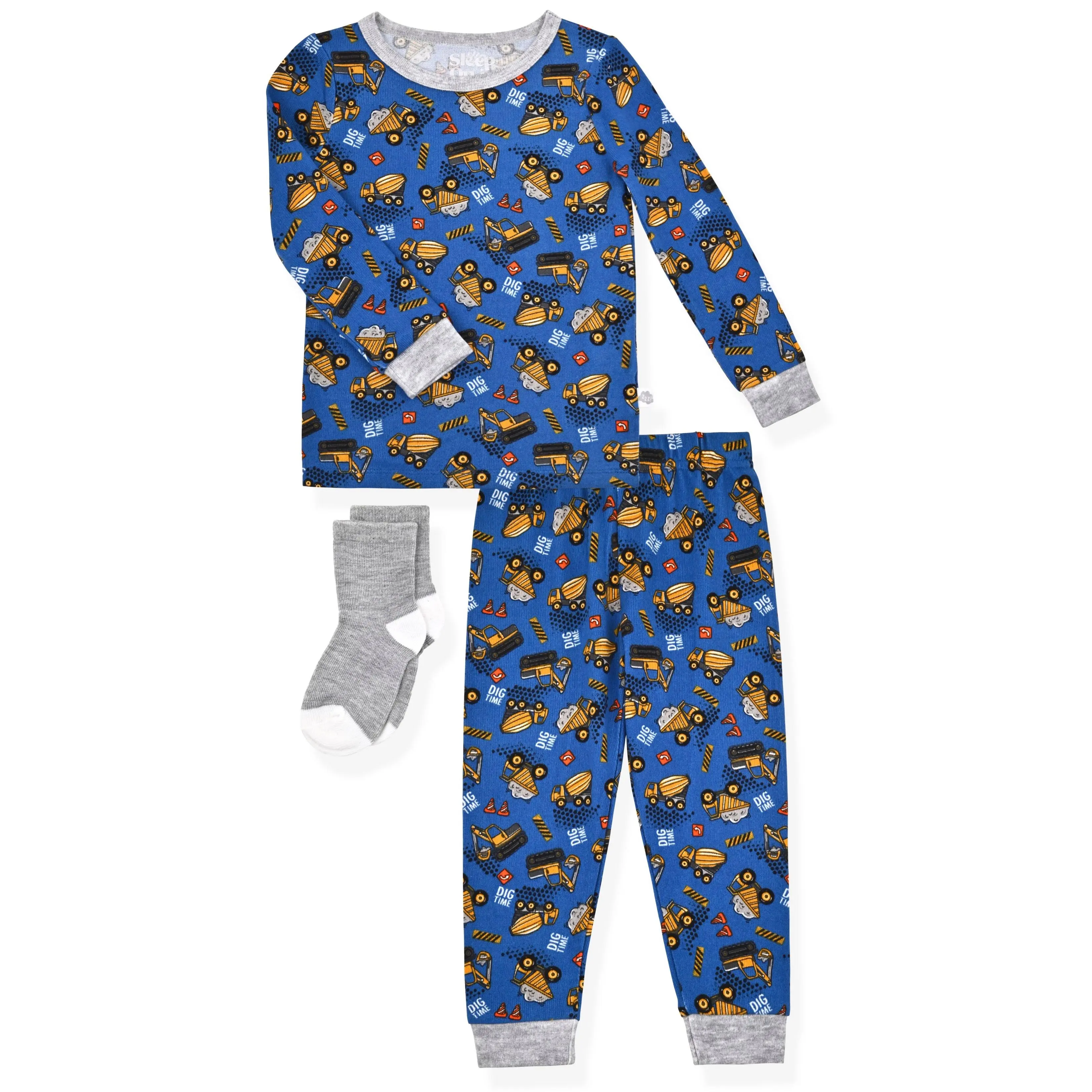 Boys 2-Piece Super Soft Jersey Snug-Fit Pajama Set with Socks - Construction Trucks.