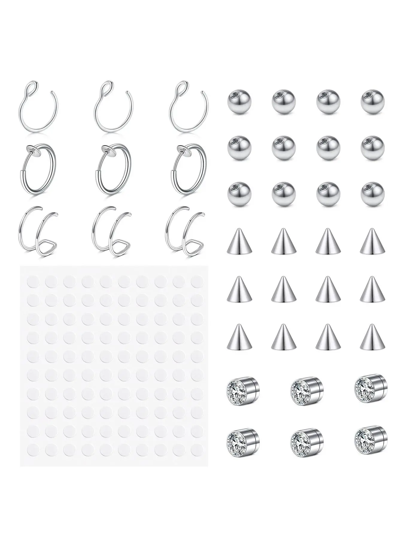 Fake Eyebrow Ring Fake Lip Labret Studs Replacement Balls Spike with 100Pcs Sticker Non-Piercing Nose Rings Hoop Stick on Snake Bites Body Jewelry Skin