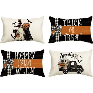 Happy Halloween Ghost Bat Throw Pillow Covers, 12 x 20 Inch Trick or  Stripe  Pumpkin Spooky Cushion Case Decoration for Sofa Couch Set of 4