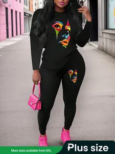 【Plus Size】 Two-Piece Set Figure Face Print Tee & Elastic Waist Pants, Casual Round Neck Long Sleeve T-shirt & Skinny Trousers for Daily Wear, Women's Two-piece Outfits for Fall & Winter