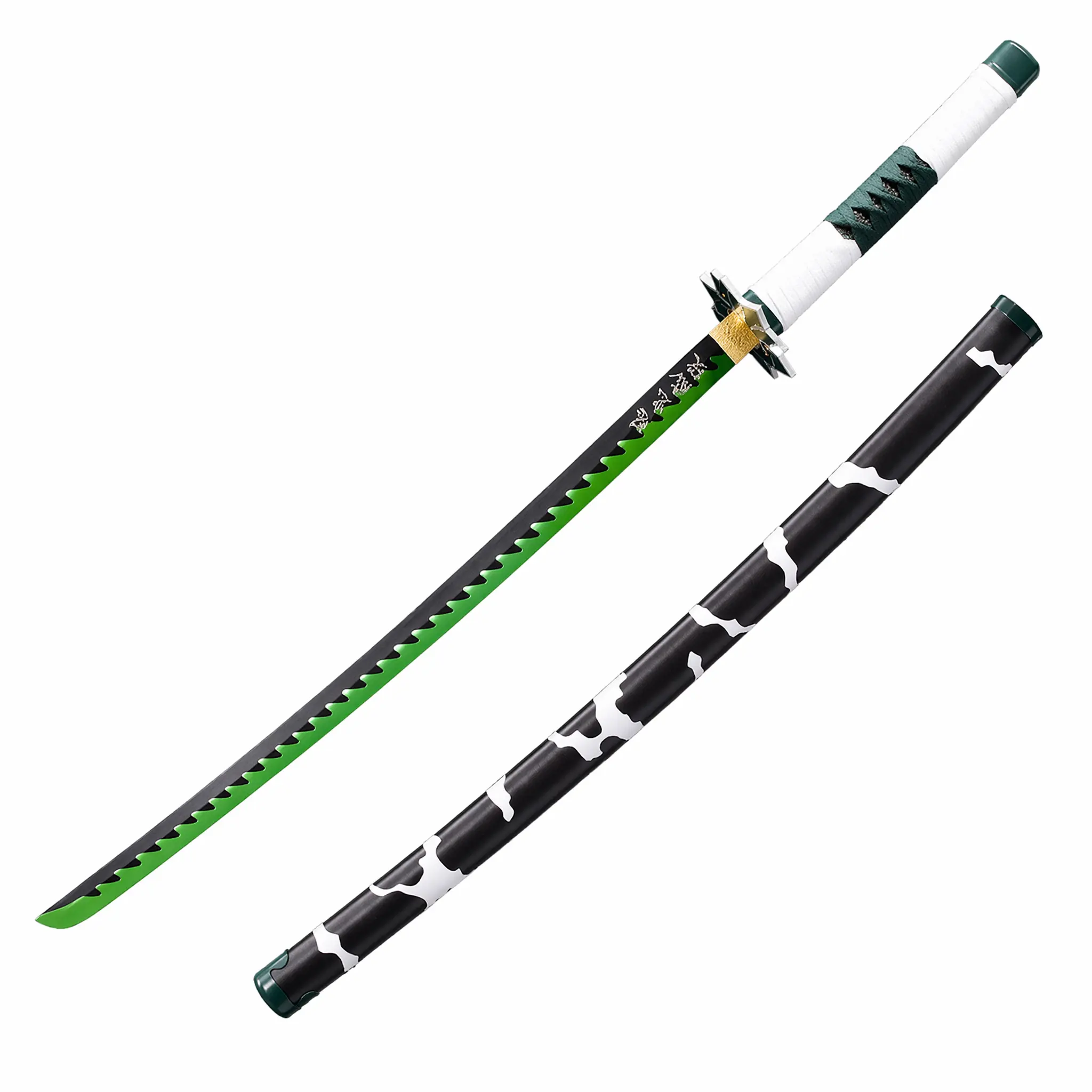 40.5in Fierce Wind Pillar Inspired Katana - Premium Alloy Blunt Blade, Vibrant Green Patterned Anime Prop Sword with Storm Scabbard & Windmill Tsuba, Safe Room Decor