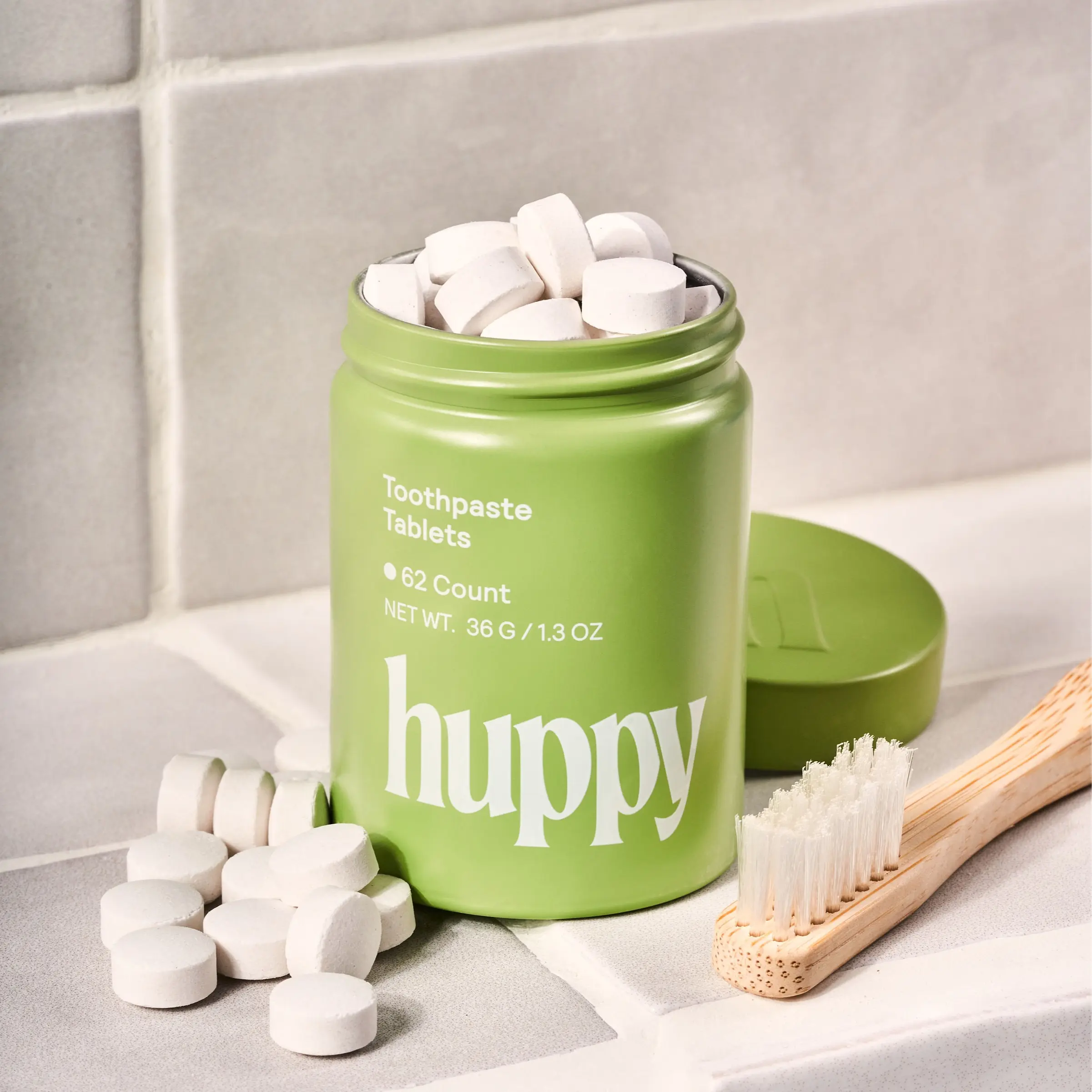Huppy Peppermint Toothpaste Tablets, Fluoride Free, Plastic Free with 10% Hydroxyapatite, Whitening + Remineralizing, Travel Friendly, Refillable Tin + 62 Tablets