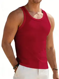 Men's Fashionable Elastic Sports Vest, Quick-Dry Breathable Workout Tank Top, Casual Style, Plain Pattern, No Zipper