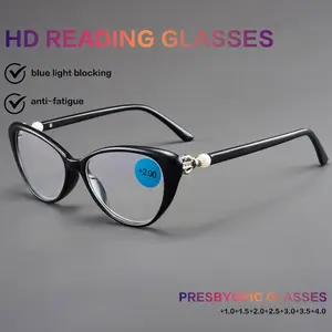 Men Women Fashion New Cat Eye Reading Glasses, Pearl Embellished HD Lenses, +1.0 to +4.0 Strength, Lightweight Durable PC Material
