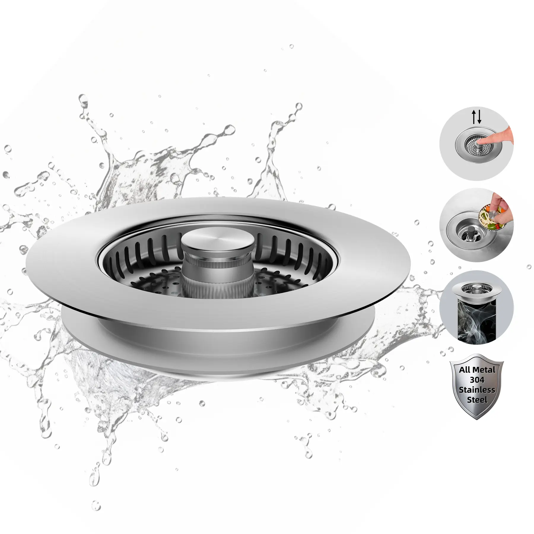 Hibbent Brushed Nickel 3-in-1 Kitchen Sink Strainer Combo - Rust Resistant Stopper, Clog-Preventing Stainless Steel Basket with Metal Handle, Drain Kitchen Fixture Accessory (Filter Cover, Mesh Screen)