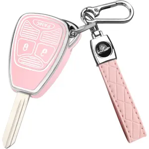 for Jeep Key Fob Cover, Soft TPU Key Fob Shell for Jeep Wrangler/Compass/Dodge Ram 1500 2500 3500/Durango/Caliber/Nitro/Dakota/Chrysler/Patriot, Smart Control Key Protector (Pink, 3 Button)