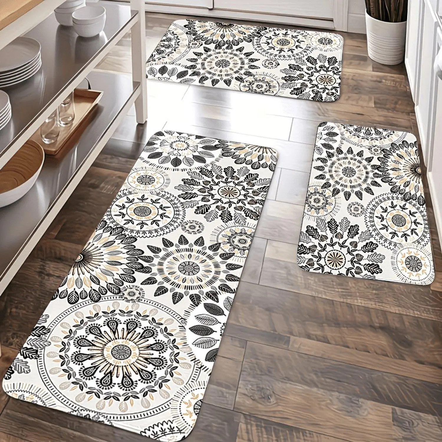 Bohemian Flannel Floor Mat Set Non-Slip, Durable KitchenEntranceDecorativeMat-MachineWashable, Rectangular, KitchenMat
