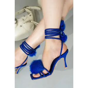 Marje Pom-Pom Lace-Up Heels - Blue