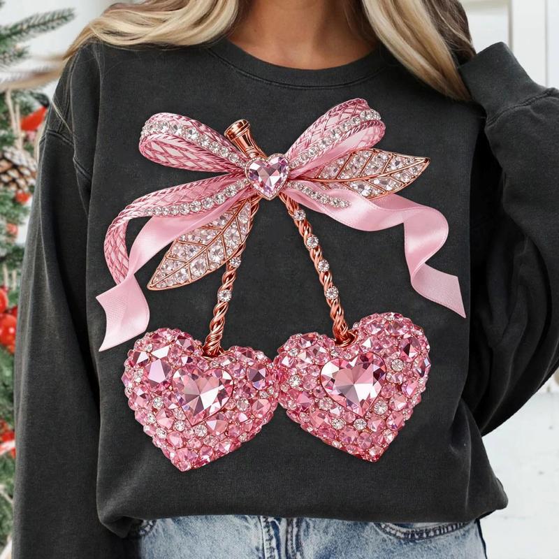 [Valentine Collection] Women’s Pink Heart Cherry Bow Sweater – Sparkling Rhinestone Graphic Sweatshirt, Soft Long Sleeve Pullover, Perfect Valentine’s Day Gift, Gift for Her